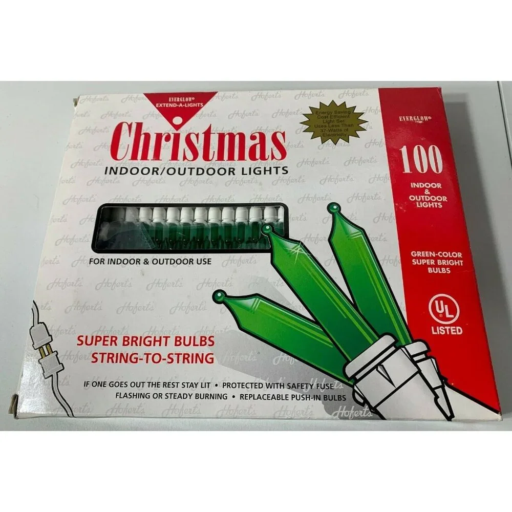 Everglow 100 Light Indoor / Outdoor Christmas String Lights Green Bulbs Lot of 2